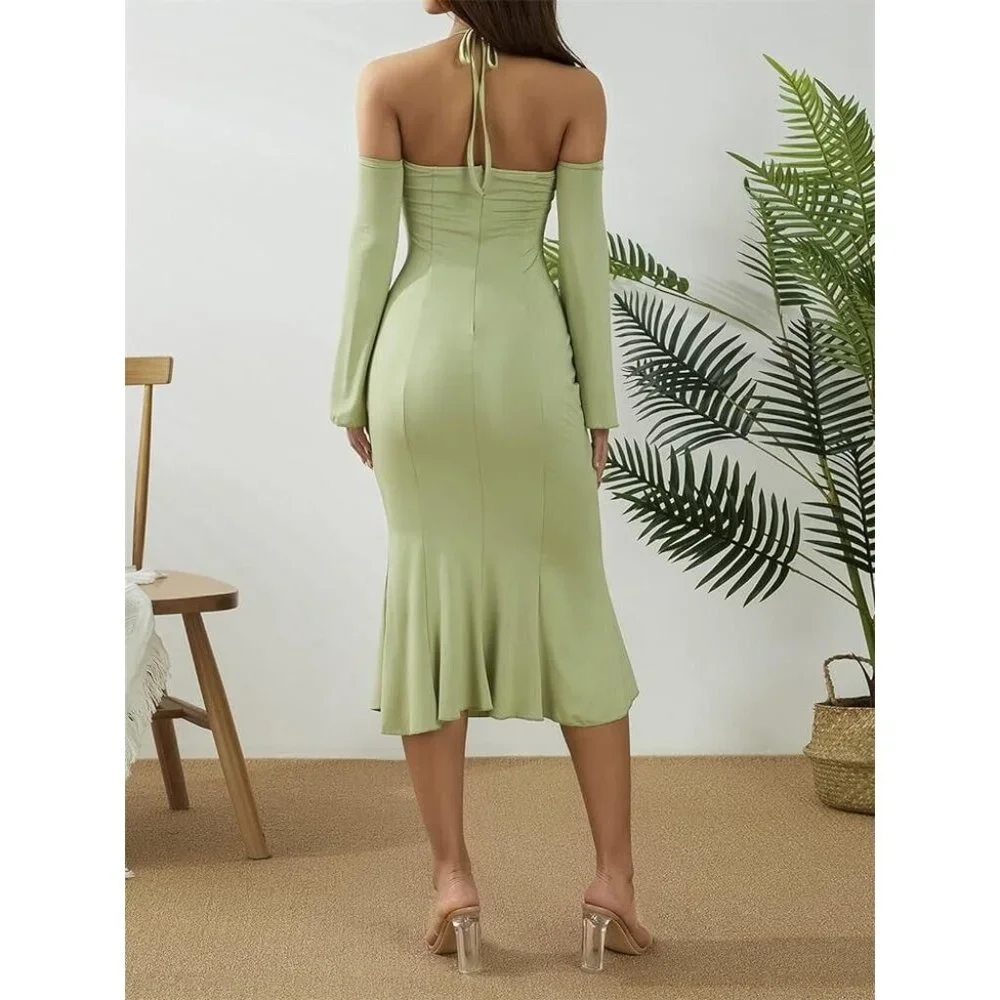 Womens Sexy Halter Bodycon Dress with Sleeve‎ Tie-up Front Midi Size Large Green - Picture 2 of 8